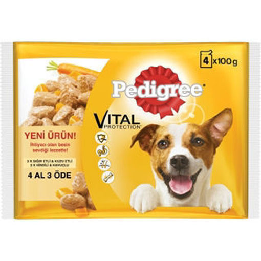 Pedigree Sığır Etli&Kuzu Etli ve Hindili&Havuçlı Yetişkin Köpek Maması 4'lü 100 Gr nin resmi