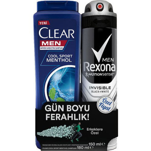 Rexona Men Invisible Black&White Sprey Deodorant+Clear Men Cool Sport Menthol Şampuan nin resmi