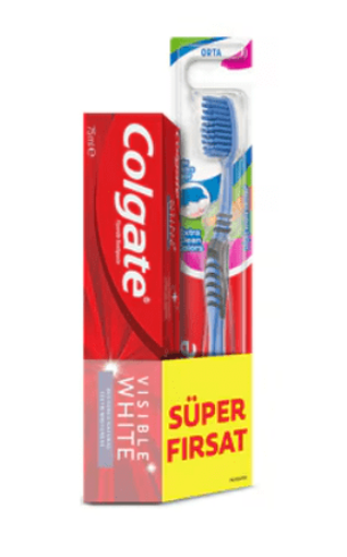 Colgate Visible White Diş Macunu 75 ml ve Extra Clean Diş Fırçası Seti nin resmi