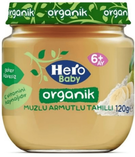 Hero Baby Mama Kavanoz Organik Muz Armut Tahıl Bebek Ek Gıda 120 gr nin resmi