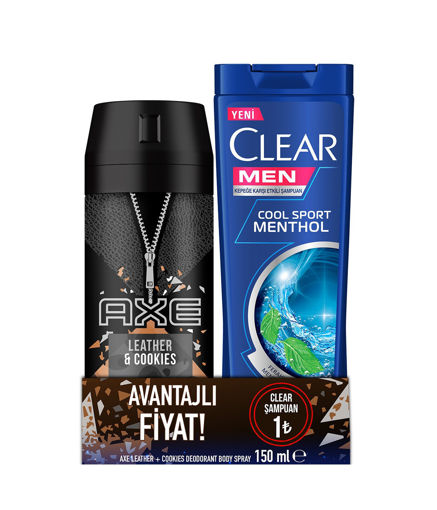 Axe Leather Cookies Sprey Deodorant 150 Ml + Clear Men Cool Sport Menthol Şampuan 330 Ml nin resmi